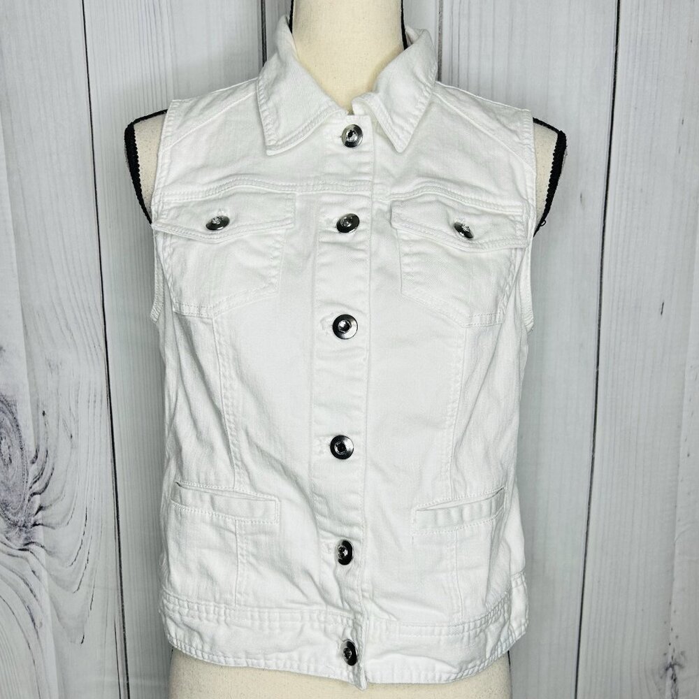 Chico's Platinum White Denim Vest Chicos Sz 0 (4) Button Up Casual Rhinestone